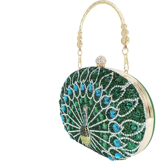 Women's Green Peacock Sparkly Rhinestone Clutch Luxury Diamond Peacock Handbag - Picture 7 of 7